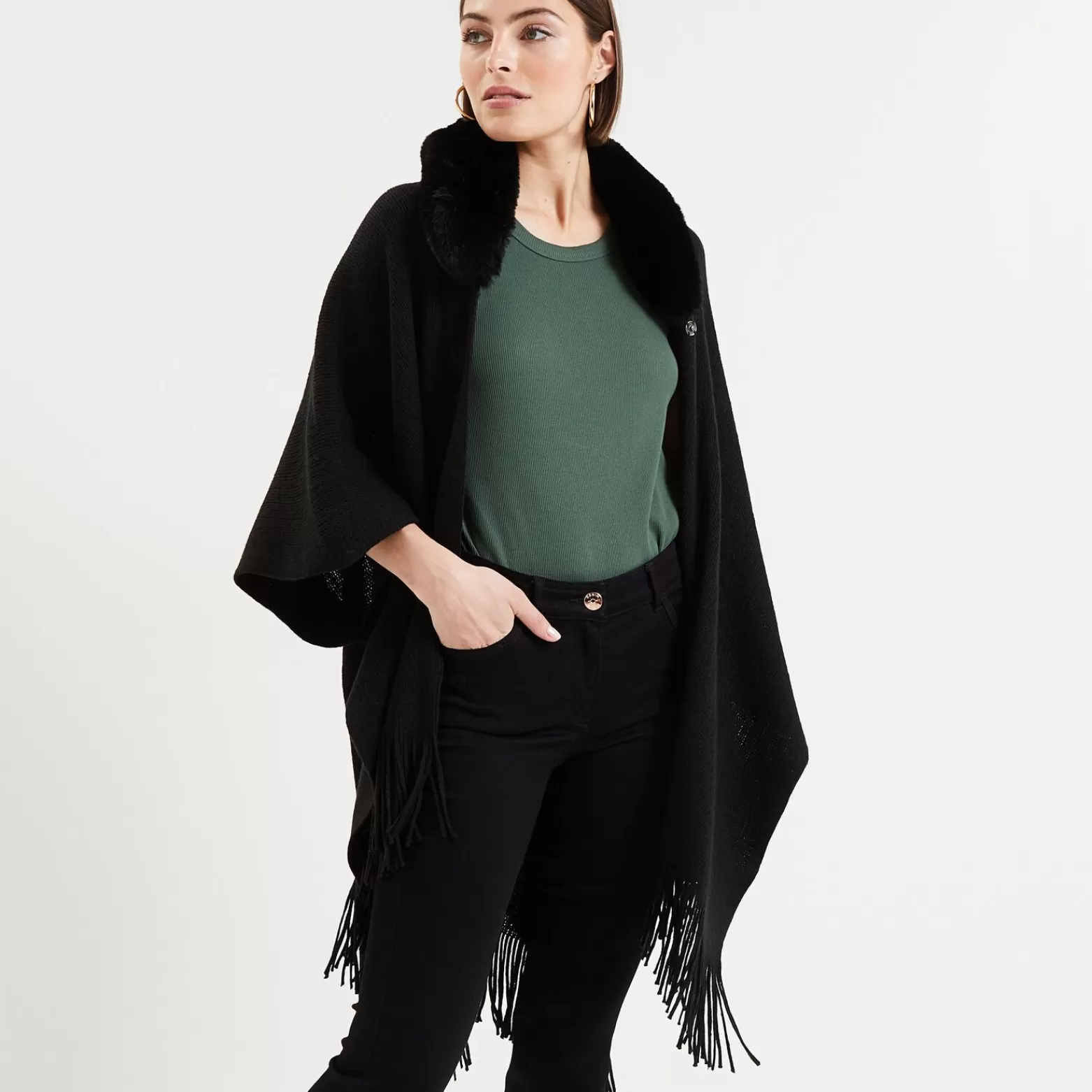 Grain de malice Poncho Col Fausse Fourrure Femme